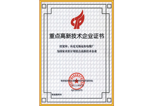 Certificate of Key High-tech Enterprise
